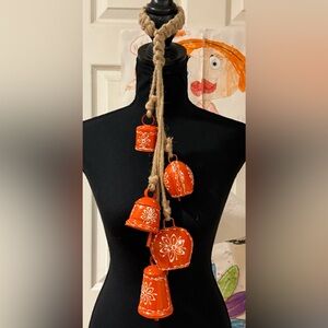 Orange Decorative String of 5 Metal Hand Painted Indian Wall Hanging Bells/chime